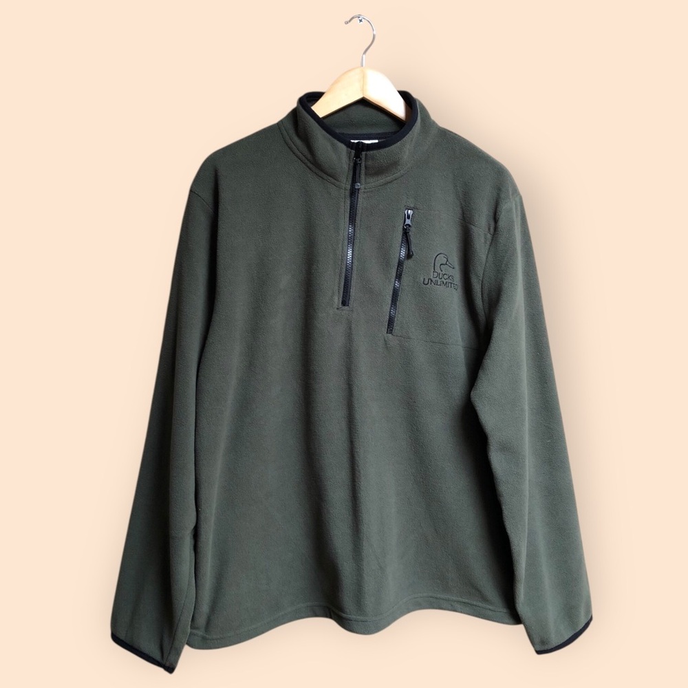 Vintage 90s Ducks Unlimited Green Fleece Quarter 1/4 Zip Sweater USA MENS Large
